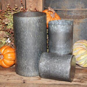 NEW Set of Rustic Corrugated Metal Zinc Farmhouse Cylinder Can Vases Pots